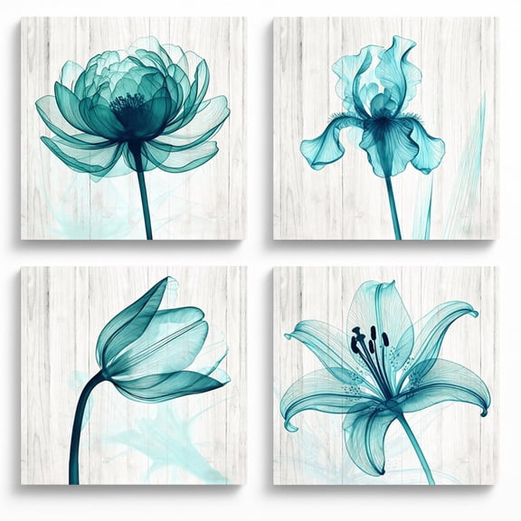 Artiluxy Teal Botanical Wall Art Set of 4, 12x12 Floral Decor