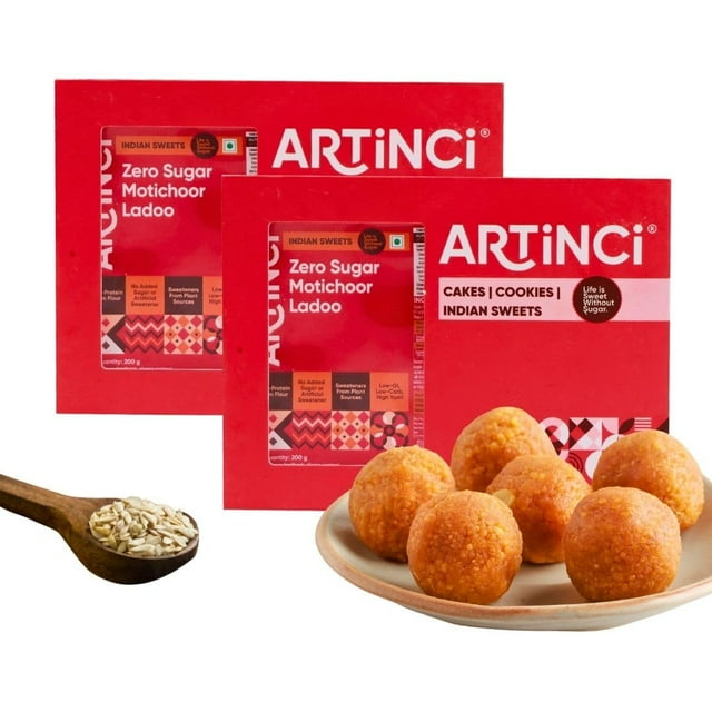 Artinci Sugar Free Motichoor Ladoo | Low Carb | Low GI | No Added Sugar | Made with Pure Desi Ghee (200gm) (Pack of 2)