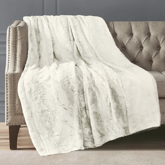 Artisan 34 Get Cozy Solid Faux Rabbit and Sherpa Reversible Throw Blanket-Ivory