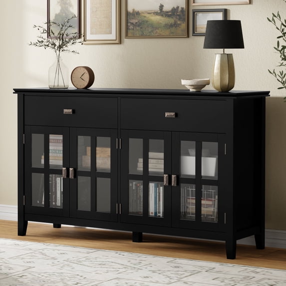 Simpli Home Artisan 60 inch Wide Solid Wood Transitional Large 4 Door Sideboard Buffet in Black