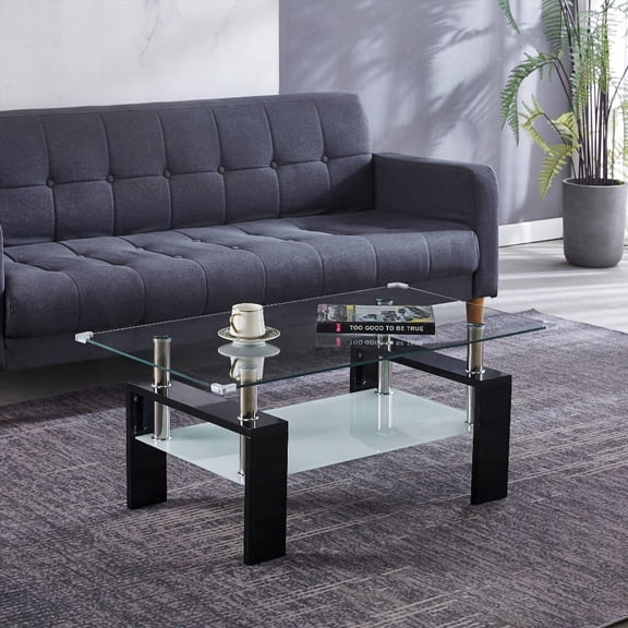 Artisan Center Coffee Table with Tempered Glass Top and Stainless Steel Legs for Living Room - Black