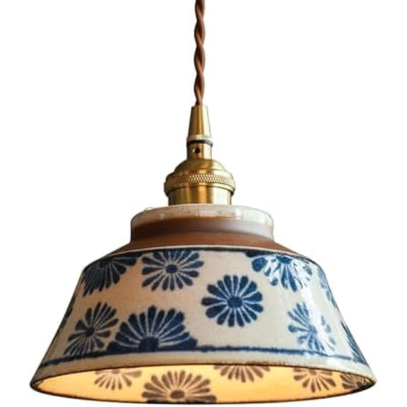Artisan Ceramic Pendant Light, Hand-Painted Blue & White Floral Hanging Lamp, Vintage Farmhouse Adjustable Ceiling Fixture with Brass Base for Kitchen Island, Dining Room, Bedroom Bedside