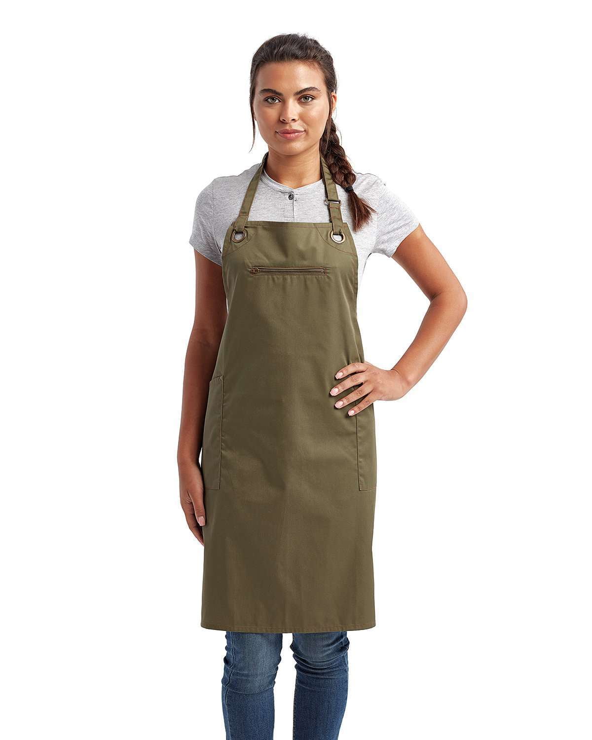 Olive and Chestnut Unisex Sustainable Bib Apron with Brass Buckle