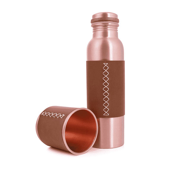 Artisan Copper 100% Pure Copper Bottle (32oz/950ml) & Tumbler with leather sleeves. Handcrafted, leak-proof, lab-tested.