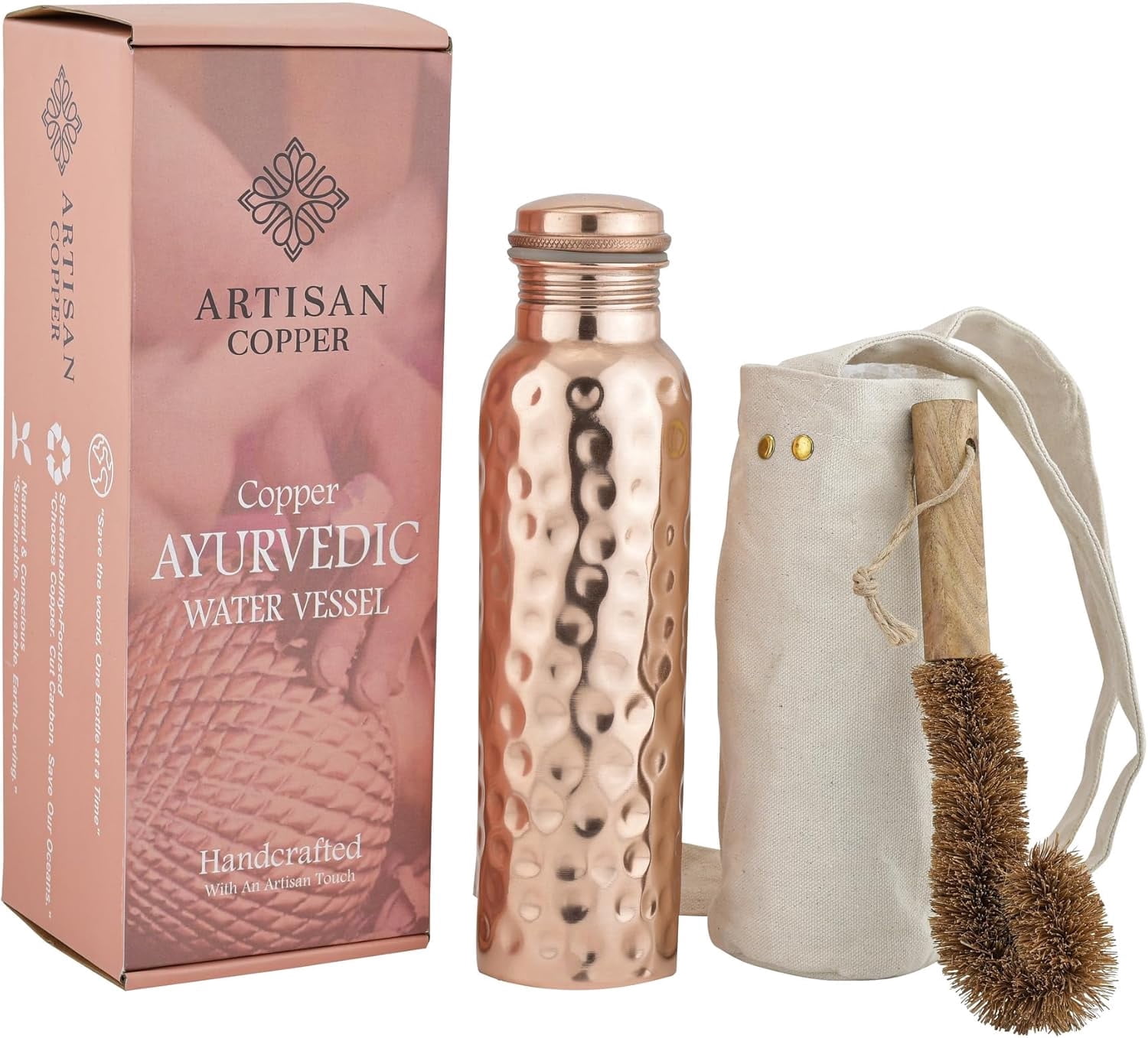 Artisan Copper 100% Pure Copper Water Bottle 32oz, Ayurvedic Drinking Bottle for Women and Men Wide Mouth Design Carrying Canvas Bag