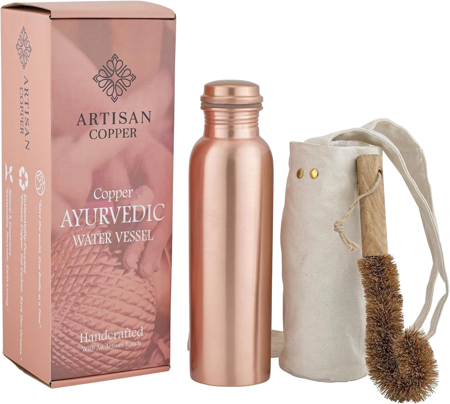 Artisan Copper Ayurvedic Copper Water Bottle 32oz Handcrafted Hammered Botte for Driking with Tumbler and Wooden Brush Leak Proof and Reusable Water Vessel