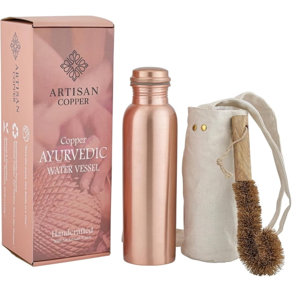 Artisan Copper Ayurvedic Copper Water Bottle 32oz Handcrafted Hammered Botte for Driking with Tumbler and Wooden Brush Leak Proof and Reusable Water Vessel