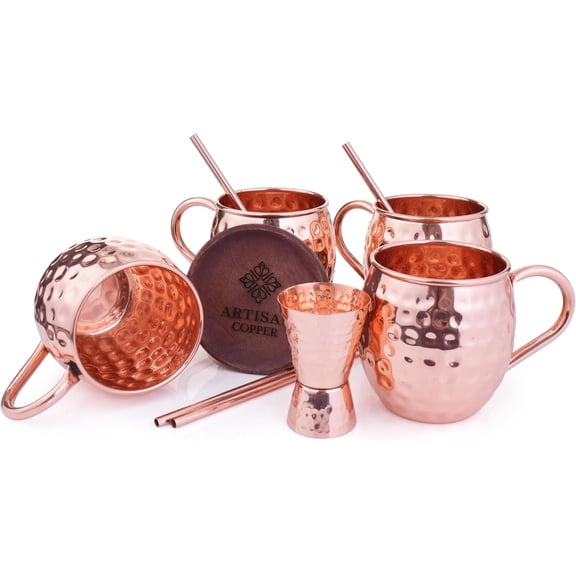 Artisan Copper Moscow Mule Copper Mugs Set of 4 (16oz) with 4 Straws, 4 Wooden Coaster and 1 Jigger Authentic Handcrafted Hammered Mugs Solid Copper Cups