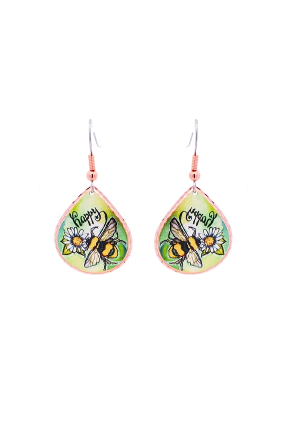 Artisan Crafted Bee Earrings Teardrop: Green Tone Happy Bee Day Earrings Copper