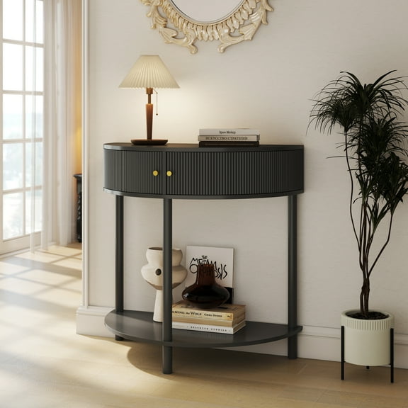Artisan-Crafted Half-Moon Side Console End Table Artisan-Crafted Half-Moon with 2 Storage Drawers Bottom Shelf Solid Wood & MDF Construction 100LBS Load Capacity for Living Room Entryway Bedroom