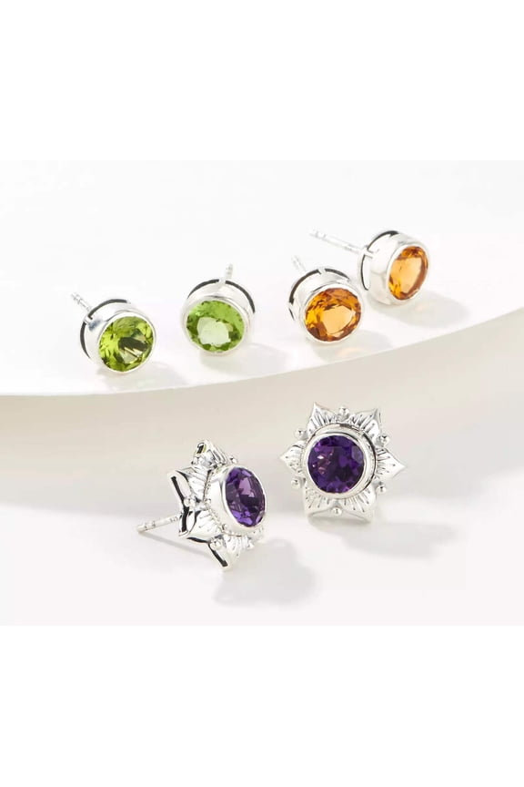 Sterling Silver Multistone Flower Stud Earrings Set Interchangeable Jackets, Round Design, Women