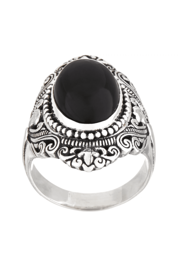 Sterling Silver Bold Oval Black Onyx Gemstone Cabochon Ring Size 5