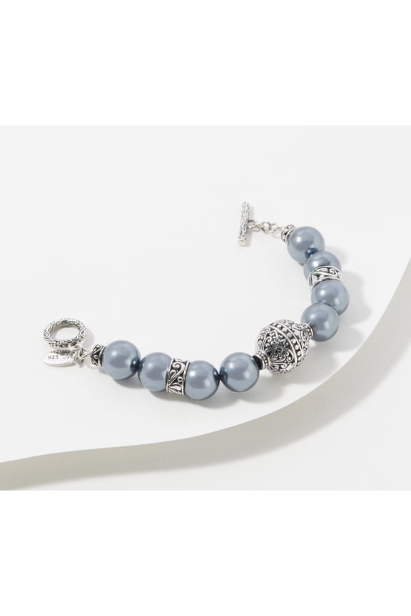 Sterling Silver Grey Faux Pearl Bead Bracelet 8-1/4"L