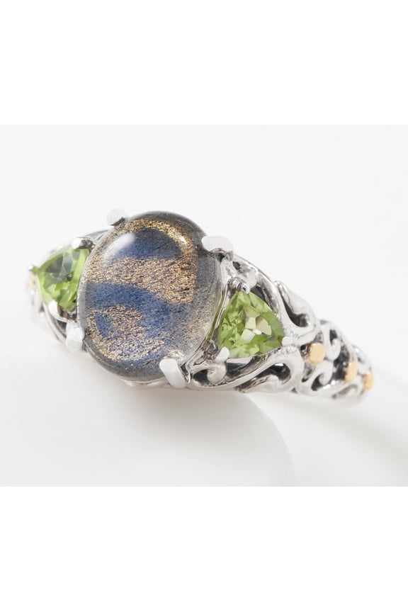 Sterling Silver Labradorite & Peridot Three Stone Ring Size 6