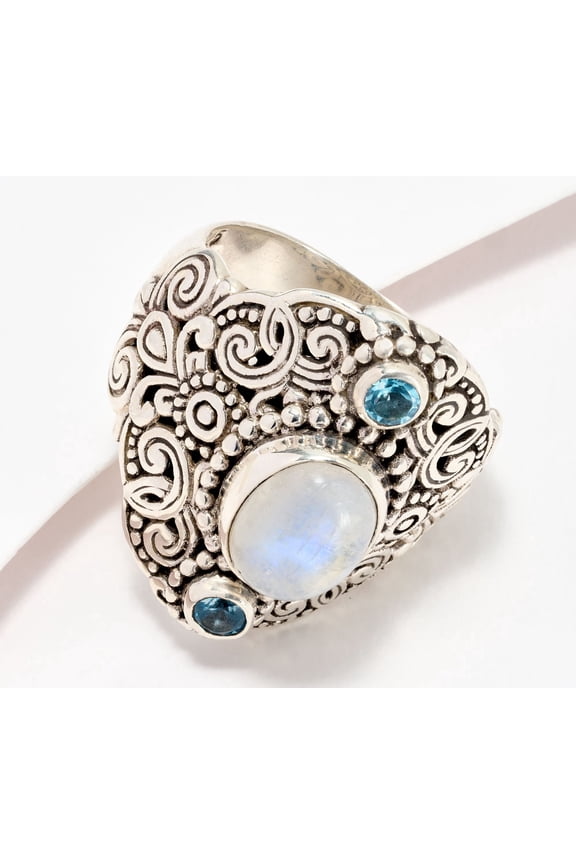 Sterling Silver Moonstone & Blue Topaz Ring, Size 6