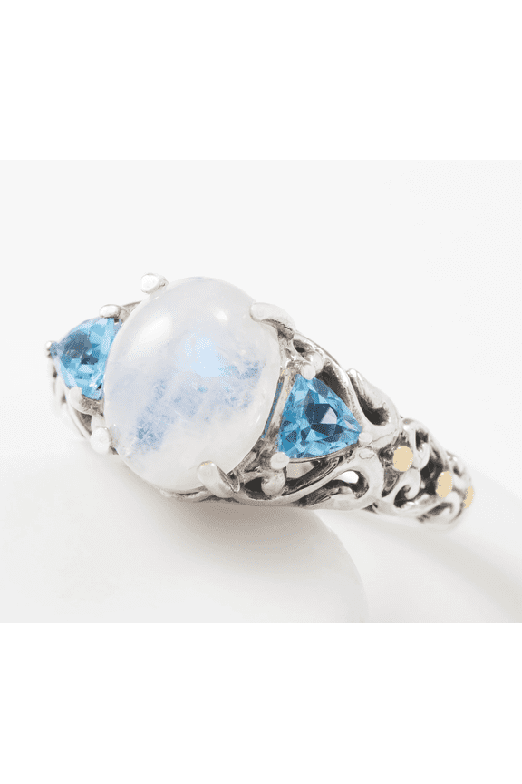 Sterling Silver Moonstone & Blue Topaz Three Stone Ring Size 7