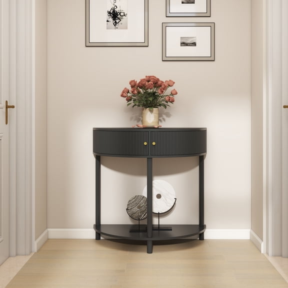 Artisan-Crafted Wave-Pattern Demi-Lune Console Table with Dark Gray Finish,Unique Half Moon Design End Table with 2 Storage Drawers and Bottom Shelf for Living room, Bedroom, Study, Hallway