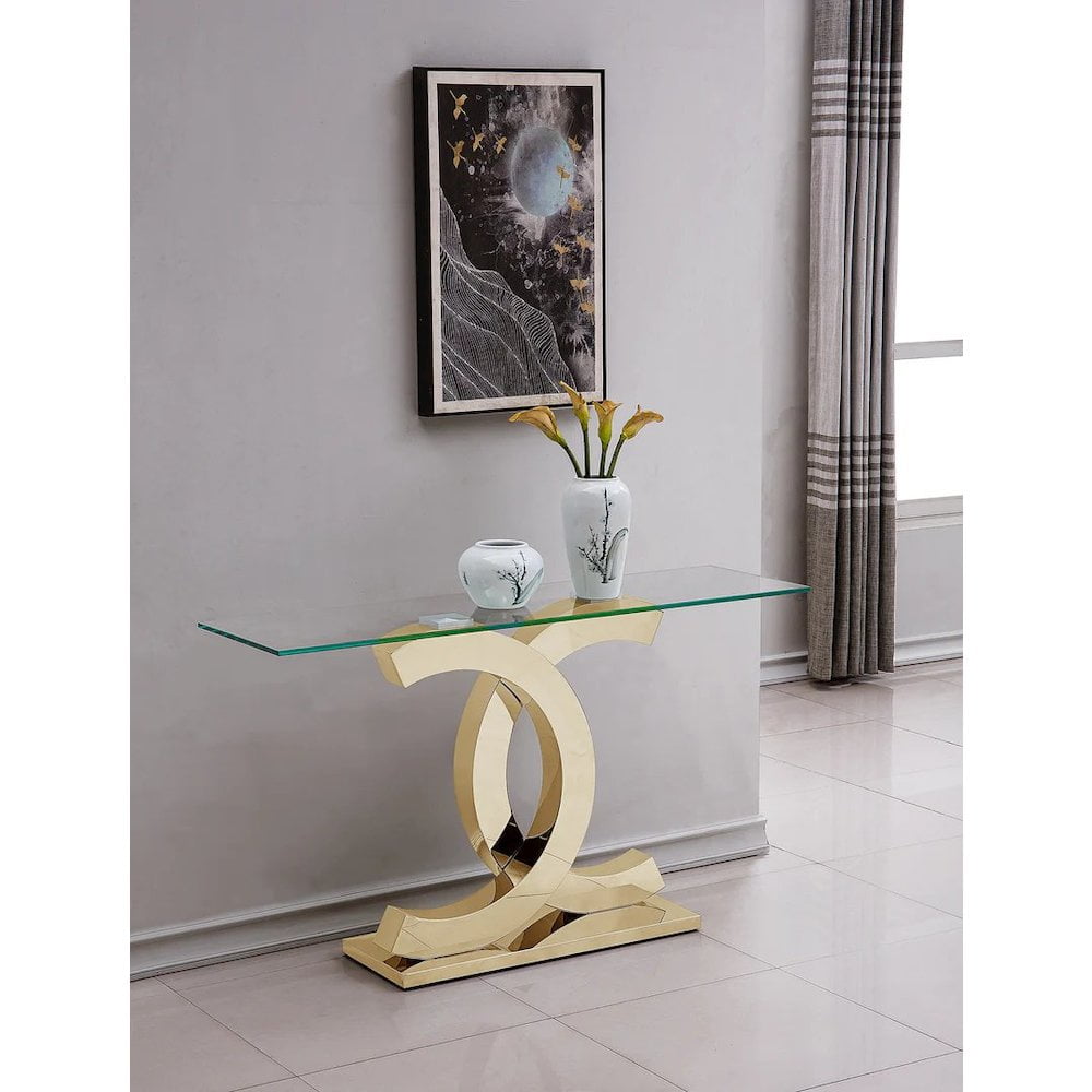 Gold Mirrored Glass Console Table with Stainless Steel Base