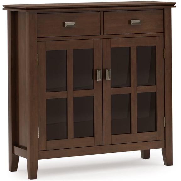 Artisan Entryway Storage Cabinet with Glass Doors and Drawers, Dark Brown Solid Wood Console Table for Living Room, Entryway
