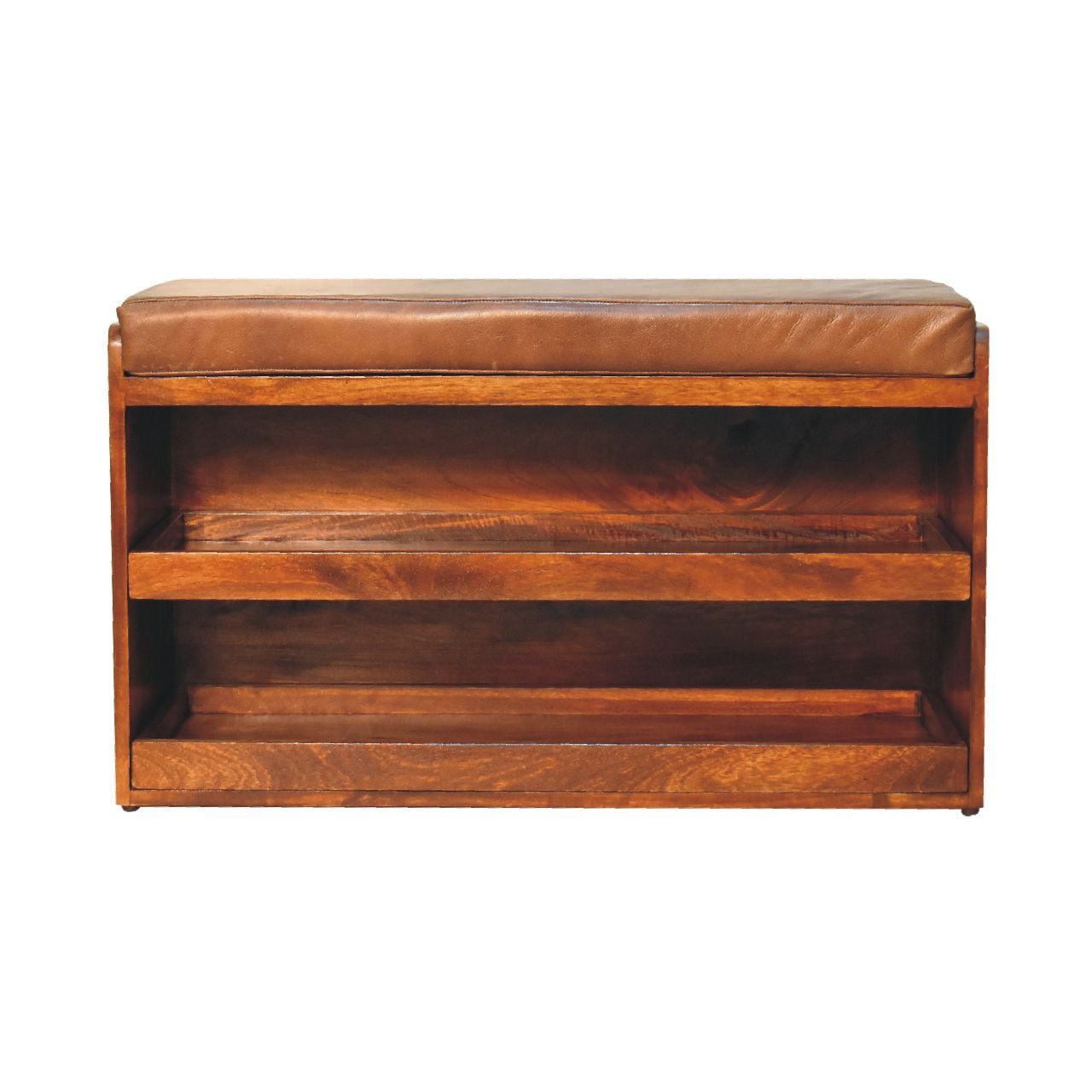 Chestnut Mango Wood and Buffalo Leather Shoe Storage Bench