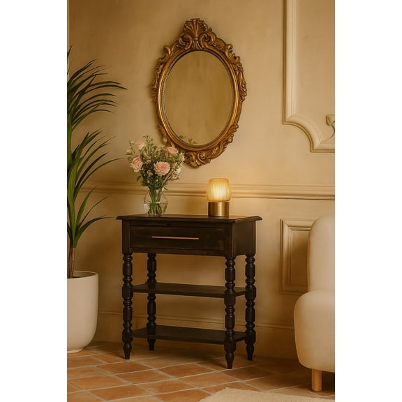 Artisan Furniture Mango Wood Side Table - Heritage Style, Turned Legs, Carbon Ash Finish, Brown - Handcrafted Solid Wood with Drawer