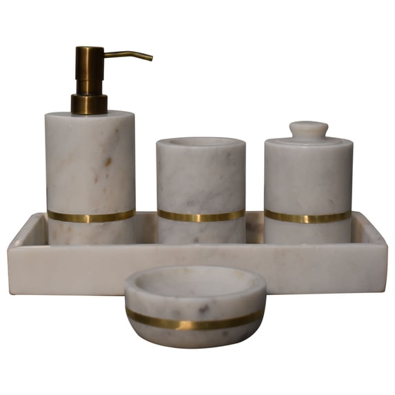Artisan Furniture Marble and Brass Inlay Accessory Bathroom Set of 5