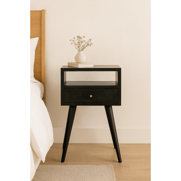 Artisan Furniture Solid Wood Nightstand - 1 Drawer, Black Mango Wood - Bedroom End Table with Open Shelf