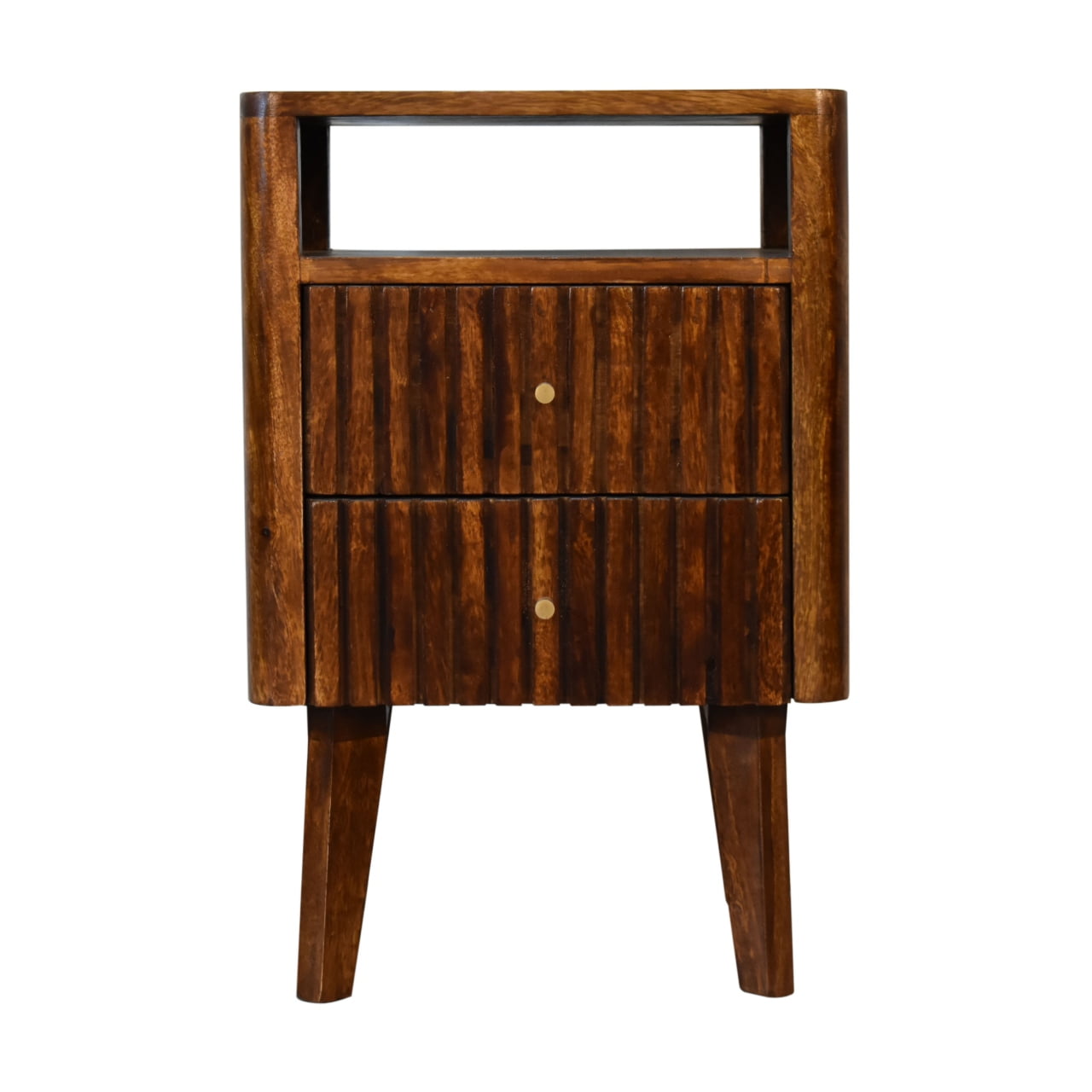 Chestnut Mango Wood Midcentury Nightstand with Brass Knobs
