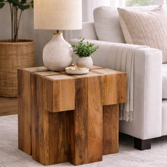 Artisan Furniture Solid Wood Side Table with Travertine Top - Handmade Block Design, Modern Brown Accent Table