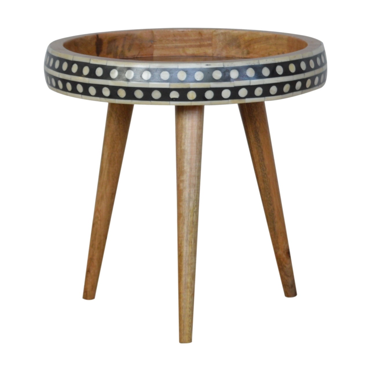 Small Round Mango Wood End Table with Black and White Bone Inlay