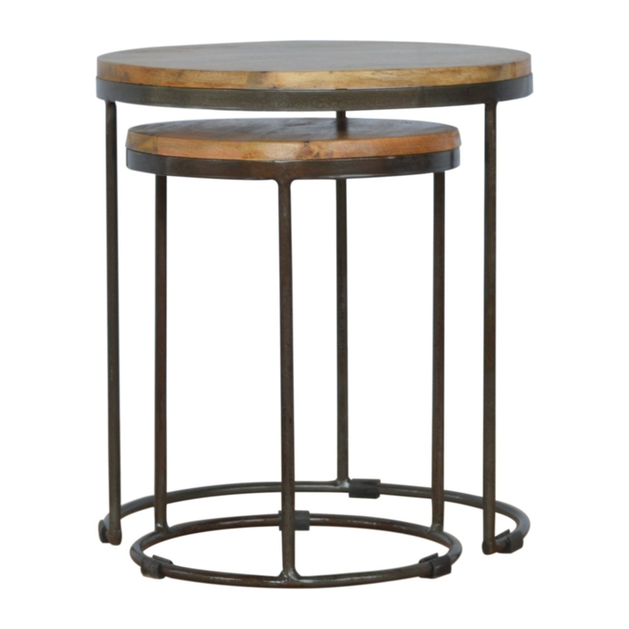 Artisan Solid Mango Wood Round Nesting Stools with Iron Base