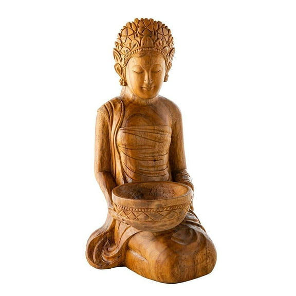 Artisan Hand Carved Wood Lakshmi Statue, 9.5" L x 8.5" W x 16.75" H, Dish Bowl