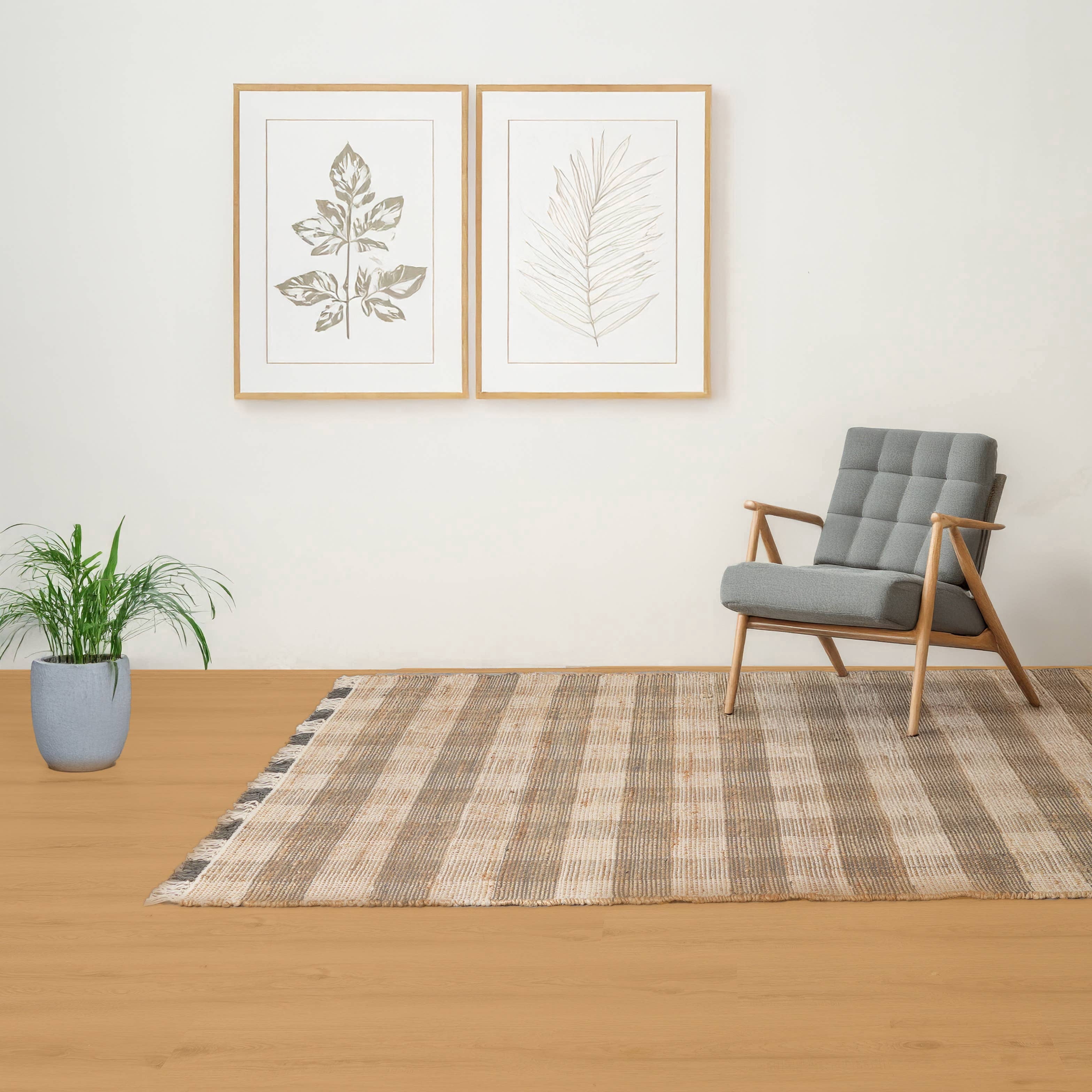 Expobazaar Artisan Hand Woven Jute & Cotton Grey Plaid Rug | 5X7 ft | Eco-Friendly | Modern Home Décor | Comfortable & Stylish