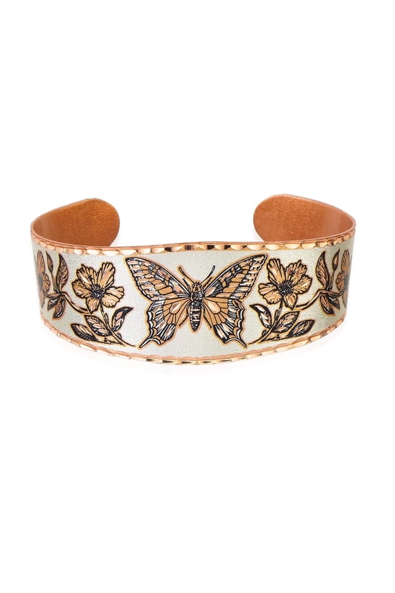 Butterfly Bracelets Adjustable Copper Cuff – Silverish Swallowtail Butterfly & Flower Design – Elegant Butterfly Themed Gifts (Swallowtail)