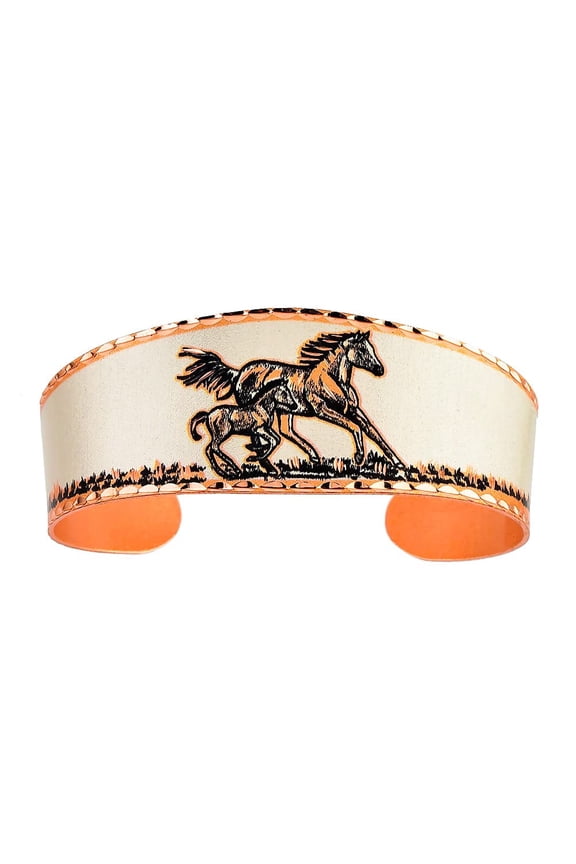 Artisan Handcrafted Copper Cuff Horse Bracelet – Unisex Open-Ended Tapered Stallion and Foal Jewelry – Western Gift for Equestrian Lovers and Owners – Adjustable Rustic Mustang Cuff (HorseandFoal)