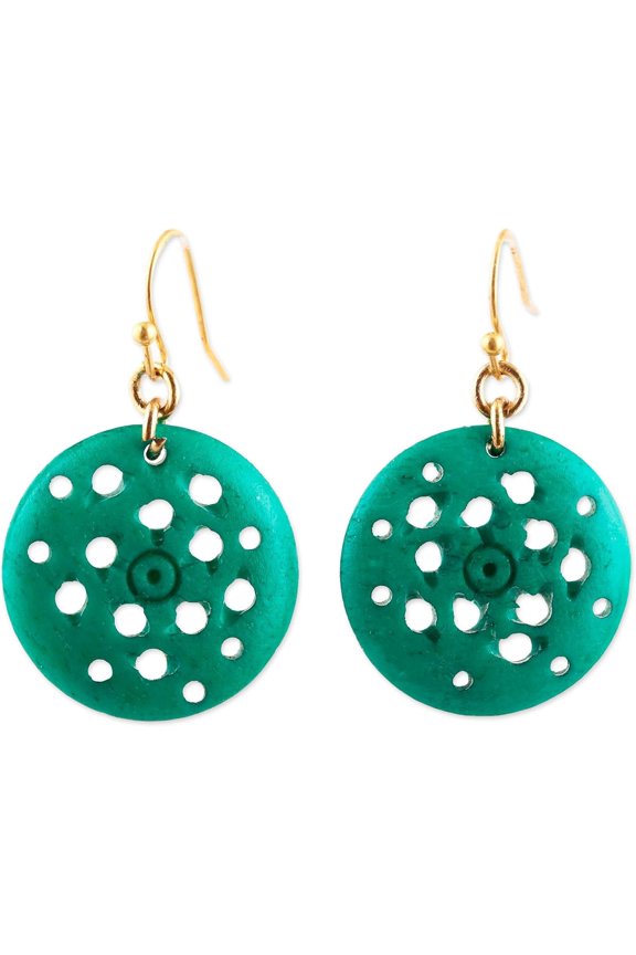 Artisan Handmade Bone Dangle Earrings Round Bluegreen from India Brass No Stone [1.3 in L x 0.9 in W x 0.1 in D] ' Delightful Round'[j114]