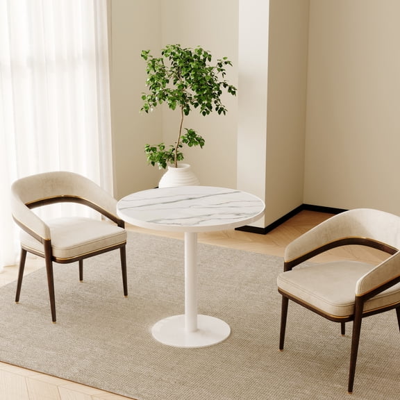 Artisan Home 31.5" Round Tulip Dining Table, Sintered Stone Faux Marble Top with Stainless Steel Base, Scratch Resistant Waterproof Indoor Outdoor Kitchen Table, Modern White
