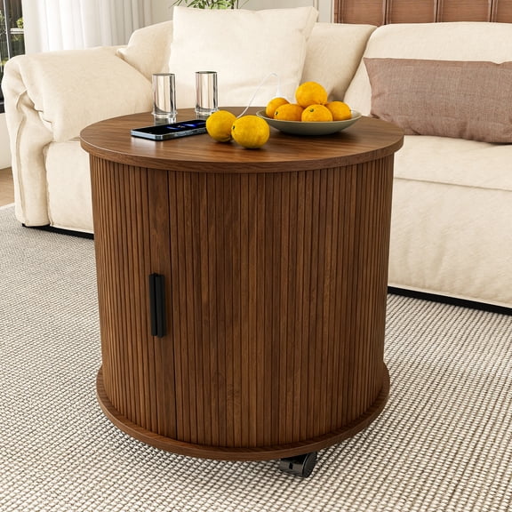 Artisan Home Set of 2 Mid Century Modern Cylinder End Tables with Charging Station, Sliding Door, 2-Tier Storage Nightstands with USB Ports, Walnut Bedside Tables for Living Room, Bedroom, Office