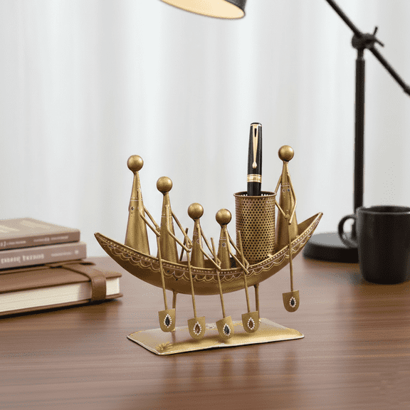 Artisan Iron Boat Pen Stand – Features Abstract Rowing Figures in Luxurious Golden Finish, Blends Artistry with Practicality for Your Workspace