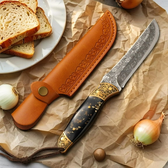 Artisan Knife Set with Durable Leather Sheath - Style Includes Elegant Black, Imperial Ruby, and Aurora Fantasy Blades. Perfect for Boning, Peeling, Outdoor BBQ, Knife Collectors and Enthusiasts