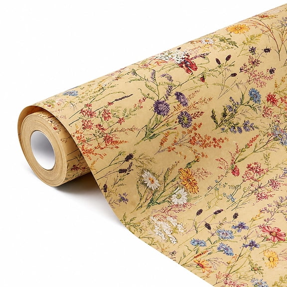 Artisan Kraft Wrapping Paper Roll with Wild Flower Patterns, 17 Inches by 32.8 Feet, Perfect for Presents