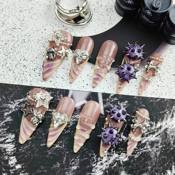 Artisan-Made Colorful Y2K Garbage Punk Fake Nails - Original Design Spiked & Star Press-Ons, Edgy Cute Decorative Nails for Fun Parties, Shimmer Retro Vibe Handcrafted Nail Sets