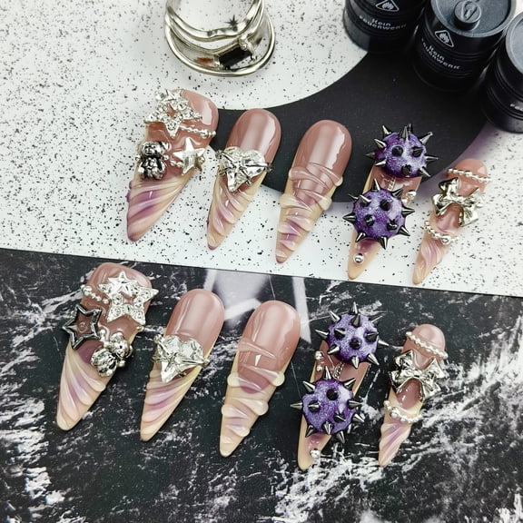 Artisan-Made Colorful Y2K Garbage Punk Fake Nails - Original Design Spiked & Star Press-Ons, Edgy Cute Decorative Nails for Fun Parties, Shimmer Retro Vibe Handcrafted Nail Sets