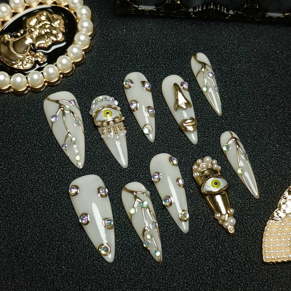 Reusable Regular Stiletto Handmade Press on Nails Set with Jelly Glue, Gloss Gold Diamond, Handmade Nail Set, 10 Pieces, Size L