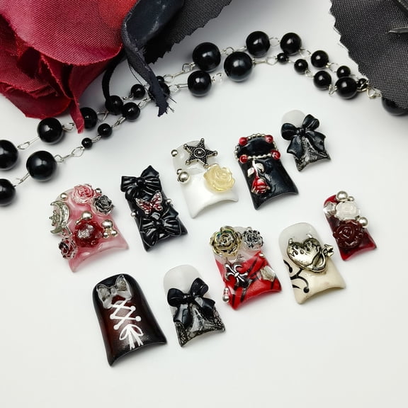Artisan-Made Y2K Fake Nails - Original Design Black & White Press-Ons with Bow & Metal Details, Edgy Retro Y2K Decorative Nail Sets Ideal for Music Festivals & Bold Looks