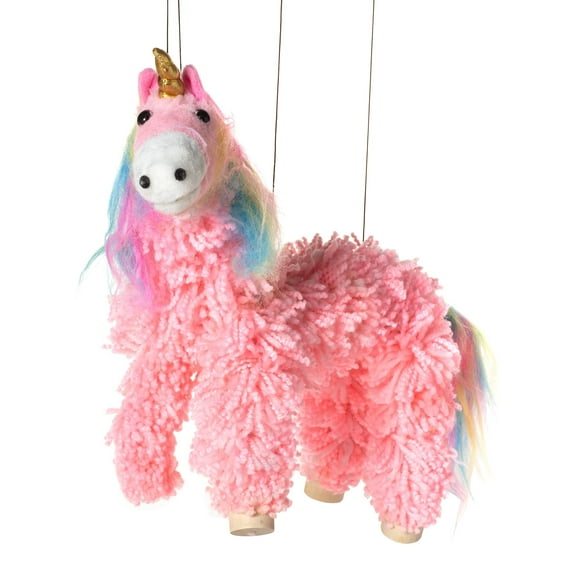 Artisan Owl Yarn and Plush Pink Unicorn Marionette Puppet - Wooden Feet and Detachable Strings, Styles Vary Pink