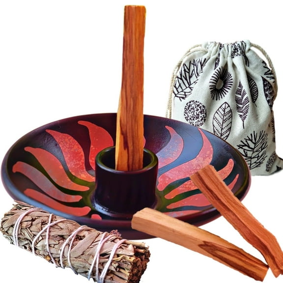 Artisan Palo Santo Sticks Holder Gift Set, Smudge Bowl, Hand-Crafted Peruvian Pottery Set