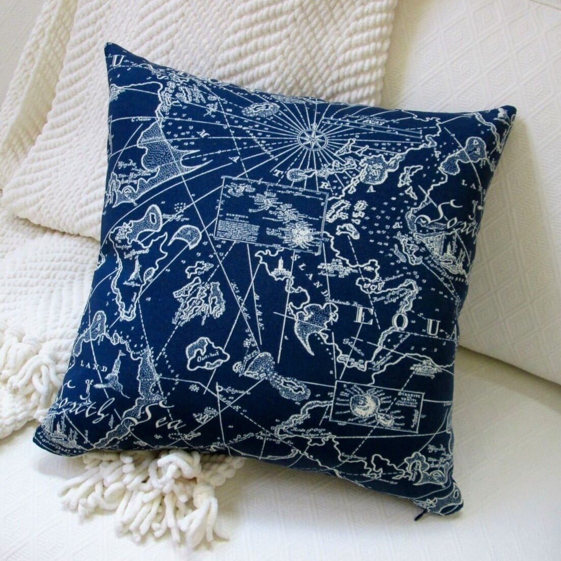Navy Blue and White Coastal Nautical Square Throw Pillows Set