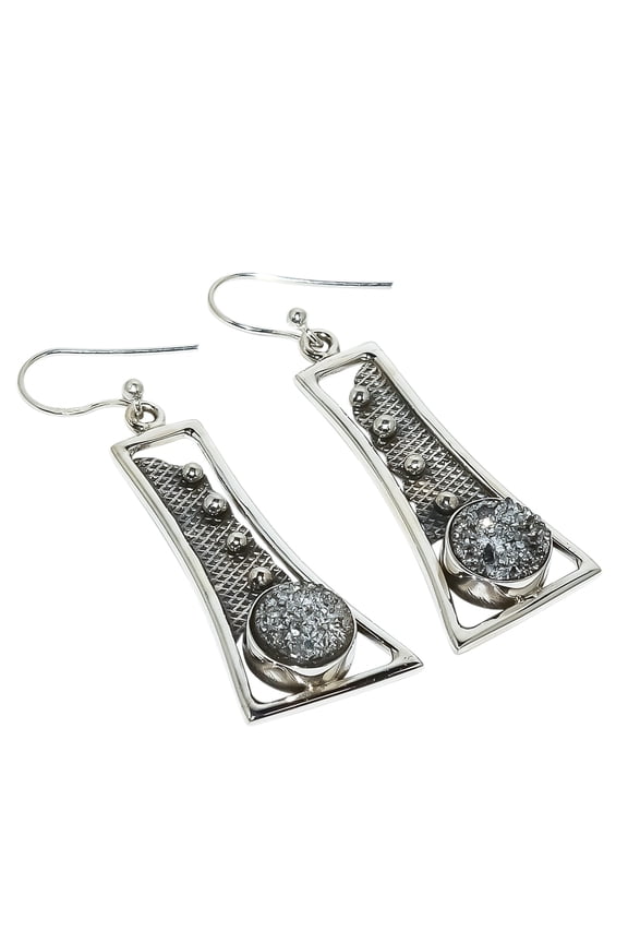 Artisan Silver Titanium Drusy 925 Sterling Silver Earring Size 2.1", Dangle Handmade Earring, Drusy Quartz Earring, Silver Earring, Gemstone Earring,