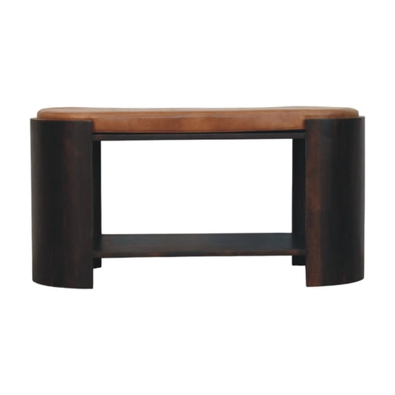 Artisan Solid Mango Wood Arcus Storage Shoe Bench Velvet Mocha Two-Tone Finish Leather Top Fully Assembled Rectangular Entryway Organizer Bench